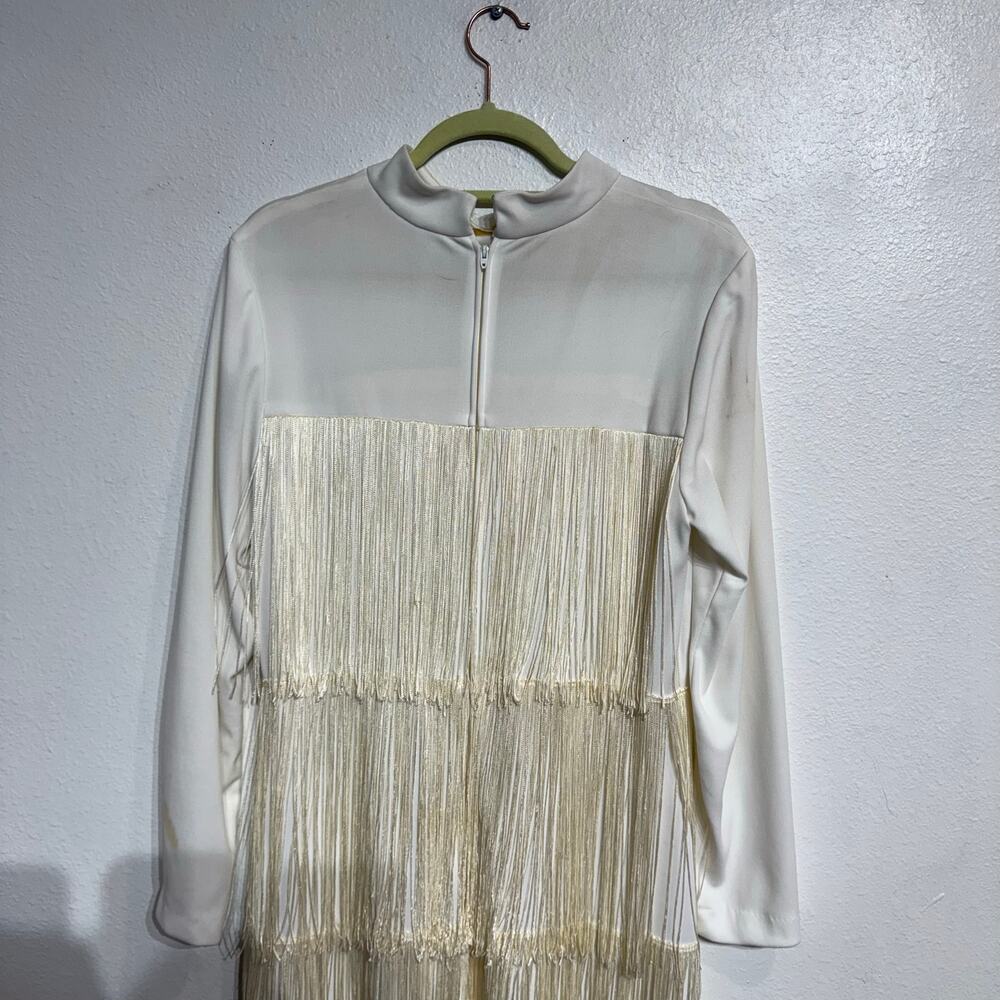 White Vintage Fringe Long Sleeve Maxi Dress Sz M - Picture 8 of 13